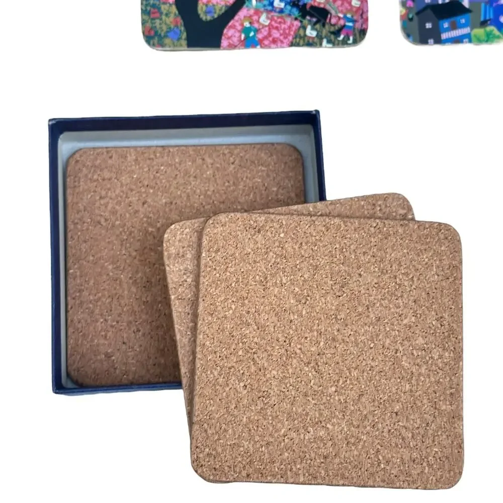 Haitang Coaster Set of 6 Colorful Asian Folk Art Cork 4” Square NIB Hostess Gift